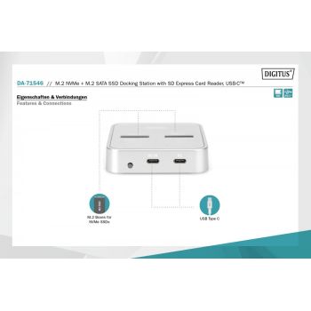 Digitus Stacja dokująca do dysków SSD M.2 NVMe + M.2 SATA z czytnikiem kart SD-Express, USB-C, Srebrna