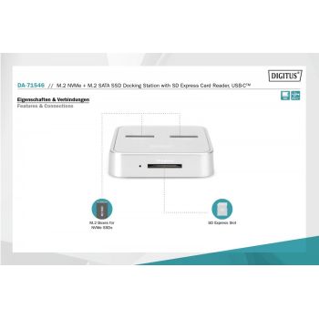 Digitus Stacja dokująca do dysków SSD M.2 NVMe + M.2 SATA z czytnikiem kart SD-Express, USB-C, Srebrna