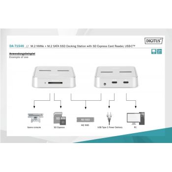 Digitus Stacja dokująca do dysków SSD M.2 NVMe + M.2 SATA z czytnikiem kart SD-Express, USB-C, Srebrna