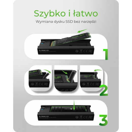 IcyBox Stacja dokująca IB-180MC-C31 M.2 NVMe&SATA Docking, USB 3.2 (Gen2) Type-C, Aluminium