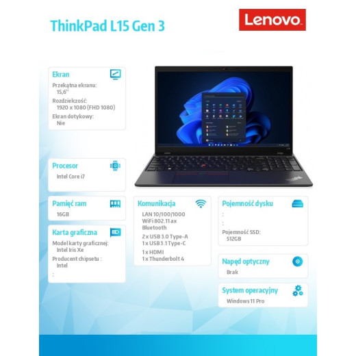 Lenovo Laptop ThinkPad L15 G3 21C30076PB W11Pro i7-1255U/16GB/512GB/INT/15.6 FHD/1YR Premier Support + 3YRS OS