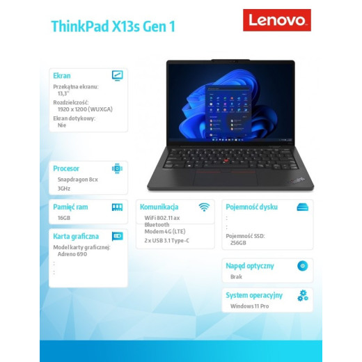 Lenovo Ultrabook ThinkPad X13s G1 21BX000UPB W11Pro SC8280XP/16GB/256GB/INT/LTE/13.3 WUXGA/Black/3YRS Premier Support