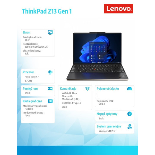 Lenovo Laptop ThinkPad Z13 G1 21D20011PB W11Pro 6850U/16GB/512GB/INT/LTE/13.3 WQX+/Touch/Bronze/3YRS Premier Support