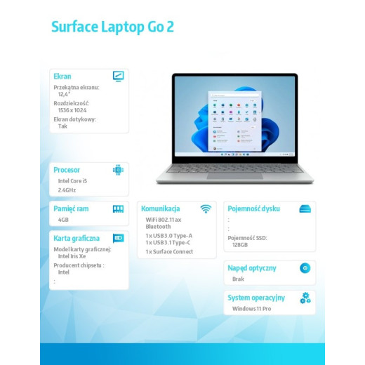 Microsoft Notebook Surface Laptop GO 2 Win11Pro i5-1135G7/4GB/128GB/INT/12.4' Commercial Platinum KWT-00009