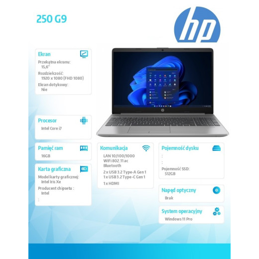 HP Inc. Notebook 250 G9 i7-1255U 512GB/16GB/W11P/15.6 6F2C3EA