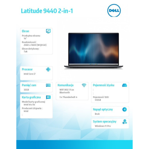 Dell Notebook Latitude 9440 2in1 Win11Pro i7-1365U/32GB/512GB SSD/2in1 14.0 QHD+ Touch/Intel Iris Xe/FgrPr/IR Cam/Mic/WLAN +