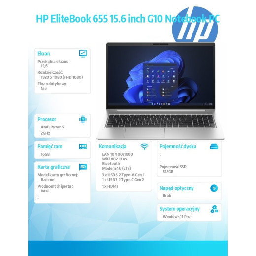 HP Inc. Notebook EliteBook 655 G10 R5-7530U 512GB/16GB/W11P/15.6 85D51EA