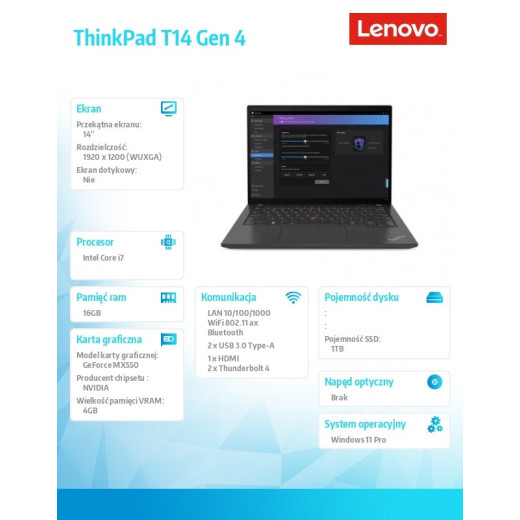 Lenovo Ultrabook ThinkPad T14 G4 21HD009YPB W11Pro i7-1360P/16GB/1TB/MX550 4GB/14.0 WUXGA/Thunder Balck/3YRS Premier Support +