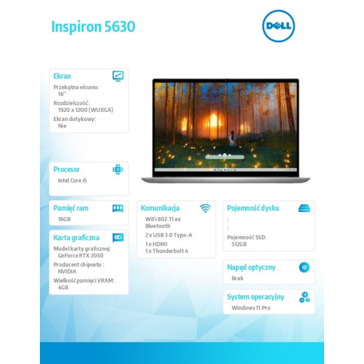 Dell Notebook Inspiron 5630 Win11Pro i5-1340P/16.0 FHD+/512GB/16GB/RTX 2050/2Y NBD