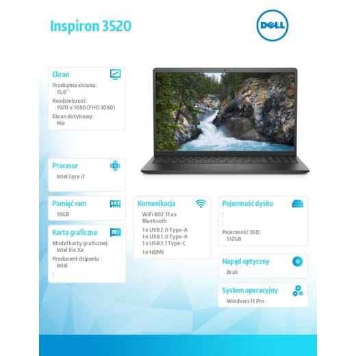 Dell Notebook Inspiron 3520 Win11Pro i7-1255U/512GB/16GB/INTEL IRIS XE/15.6 FHD/BLACK/2Y NBD