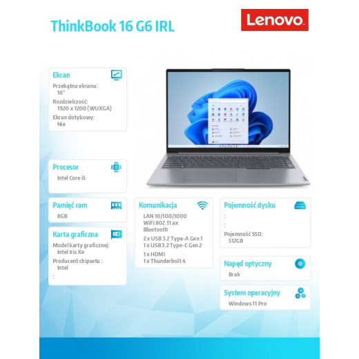 Lenovo Notebook ThinkBook 16 G6 21KH0075PB W11Pro i5-1335U/8GB/512GB/INT/16.0 WUXGA/3YRS OS