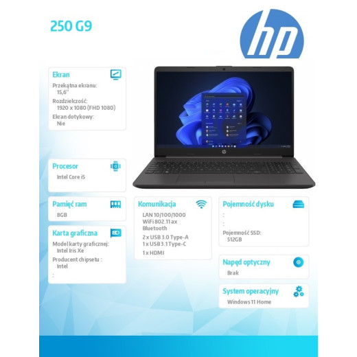HP Inc. Notebook 250 G9 i5-1235U/512GB/8GB/W11H 8A5U2EA