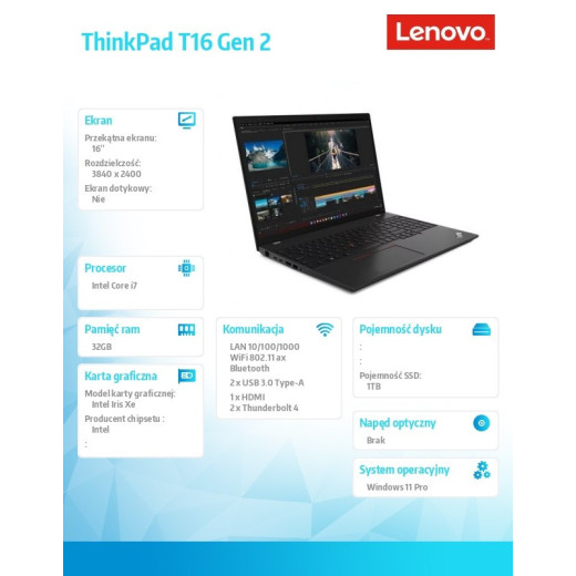 Lenovo Notebook ThinkPad T16 G2 21HH0036PB W11Pro i7-1355U/32GB/1TB/INT/16.0 WQUXGA/3YRS Premier Support