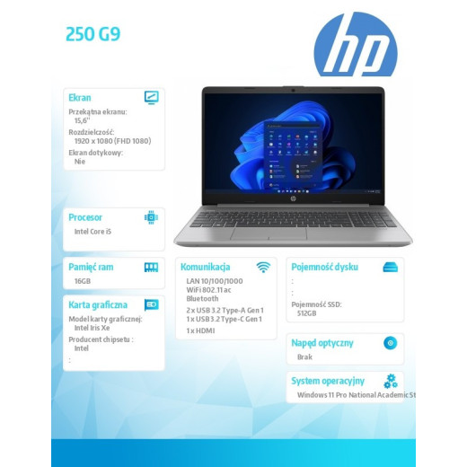 HP Inc. Notebook 250 G9 i5-1235U EDU 512GB/16GB/W11P 3Y 8X8W6ES