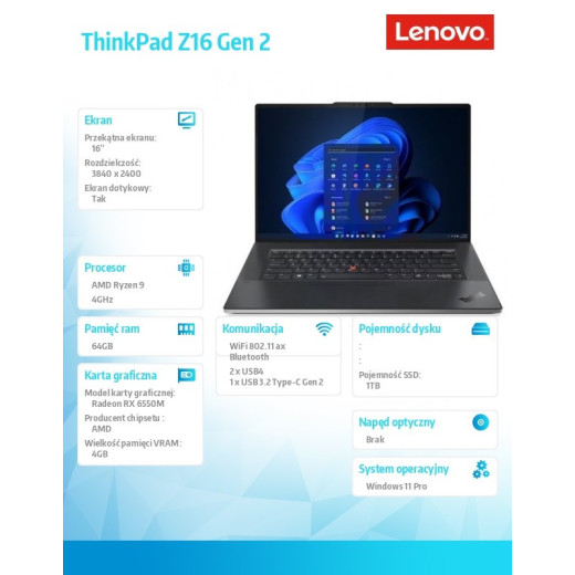 Lenovo Laptop ThinkPad Z16 G2 21JX000TPB W11Pro 7940HS/64GB/1TB/AMD Radeon/16.0 WQUXGA/Touch/Arctic Grey/3YRS Premier Support +
