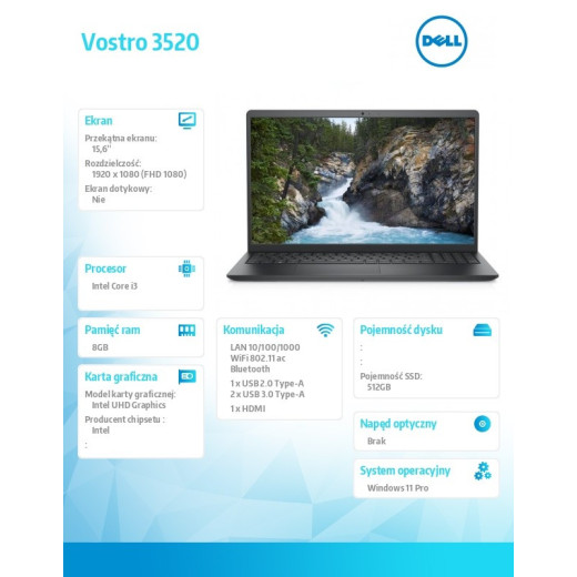 Dell Notebook Vostro 15 (3520) Win11Pro i3-1215U/8GB/512GB SSD/15.6 FHD/Intel UHD/FgrPr/Cam&Mic/WLAN+BT/Backlit Kb/3 Cell/3YPS