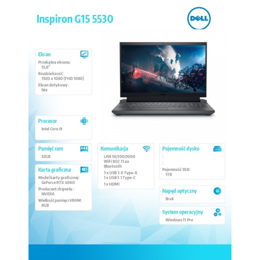 Dell Notebook Inspiron G15 5530/Core i9-13900HX/32GB/1TB SSD/15.6 FHD 165Hz/GeForce RTX 4060/Cam & Mic/WLAN + BT/Backlit Kb/6