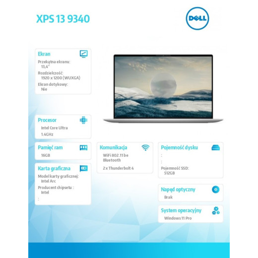 Dell Notebook XPS 13 9340/Ultra 7 155H/16GB/512GB SSD/13.4 FHD+ AntiGlare/Arc/WLAN + BT/Backlit Kb/3 Cell/W11Pro