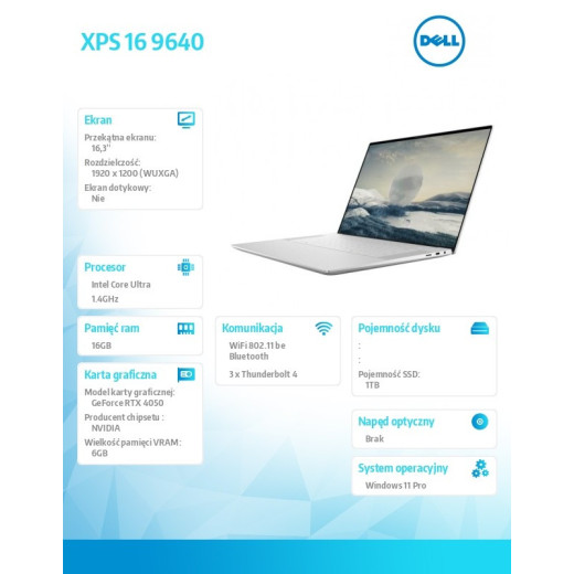 Dell Notebook XPS 16 9640/Ultra 7 155H/16GB/1TB SSD/16.3 FHD+/GeForce RTX 4050/WLAN + BT/Backlit Kb/6 Cell/W11Pro