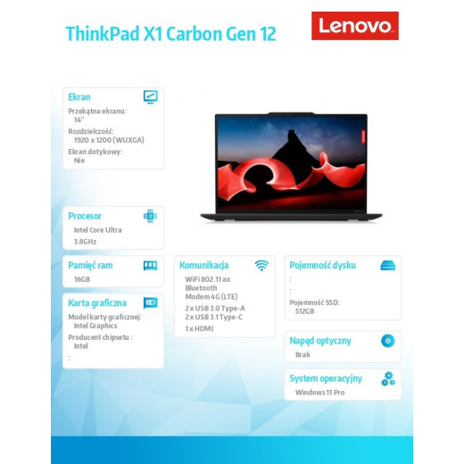 Lenovo Ultrabook ThinkPad X1 Carbon G12 21KC0055PB W11Pro Ultra 7 155U/16GB/512GB/INT/LTE/14.0 WUXGA/Black/vPro/3YRS Premier