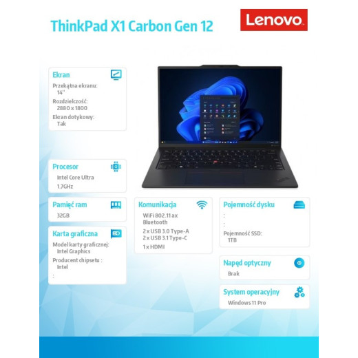 Lenovo Ultrabook ThinkPad X1 Carbon G12 21KC005VPB W11Pro Ultra 7 155U/32GB/1TB/INT/LTE/14.0 2.8K OLED/Black/vPro/3YRS Premier