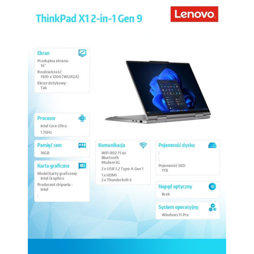 Lenovo Ultrabook ThinkPad X1 2in1 G9 21KE0043PB W11Pro Ultra 7 155U/16GB/1TB/INT/LTE/14.0 WUXGA/Touch/Grey/vPro/3YRS Premier