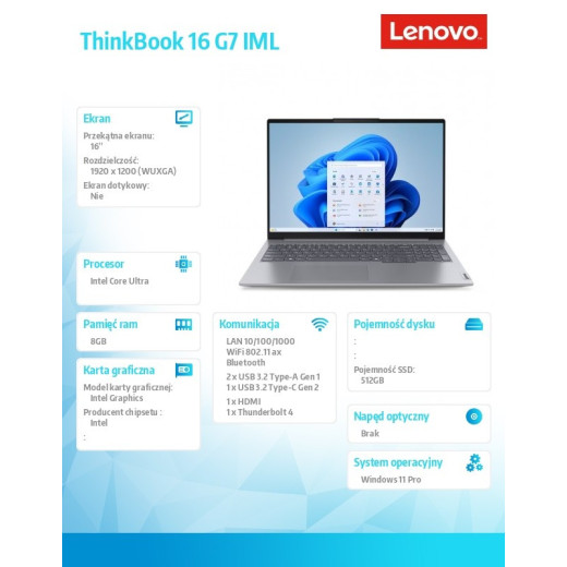 Lenovo Notebook ThinkBook 16 G7 21MS007XPB W11Pro Ultra 5 125U/8GB/512GB/INT/16.0 WUXGA/Arctic Grey/3YRS OS + CO2 Offset