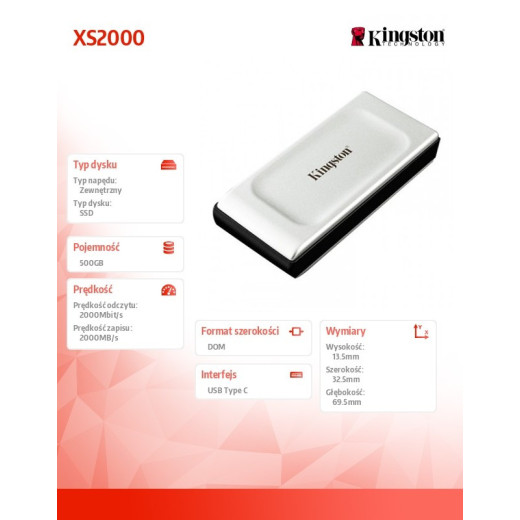 Kingston Dysk SSD XS2000 500GB USB3.2 Gen2.2 Zewnętrzny