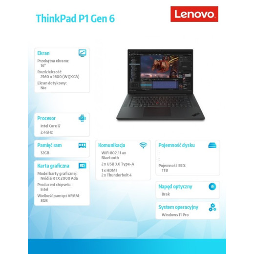 Lenovo Notebook ThinkPad P1 G6 21FV000YPB W11Pro i7-13700H/32GB/1TB/RTX Ada 2000 8GB/16.0 WQXGA/Black/3YRS Premier Support + CO2