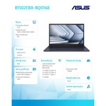 Asus Notebook ExpertBook B1502CBA-BQ0148 i3 1215U 8/512/int/noOS/15,6"/ gwar. 36 miesięcy ON-SITE NBD