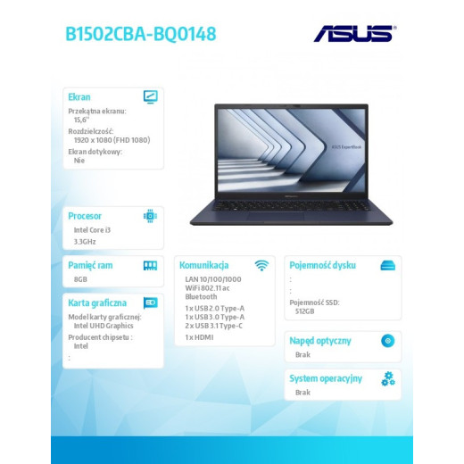 Asus Notebook ExpertBook B1502CBA-BQ0148 i3 1215U 8/512/int/noOS/15,6"/ gwar. 36 miesięcy ON-SITE NBD