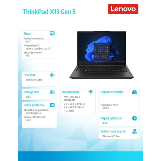 Lenovo Ultrabook ThinkPad X13 G5 21LU000QPB W11Pro Ultra 5 125U/16GB/512GB/INT/13.3 WUXGA/Black/3YRS Premier Support + CO2