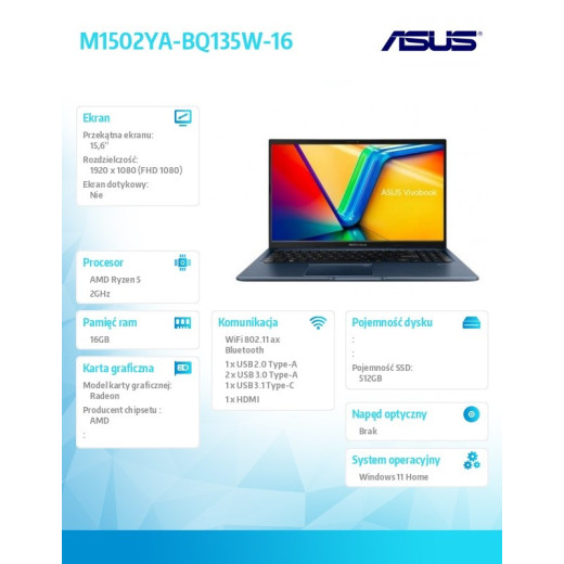 Asus Notebook M1502YA-BQ135W-16 R5 7530U 16/512/w11 home