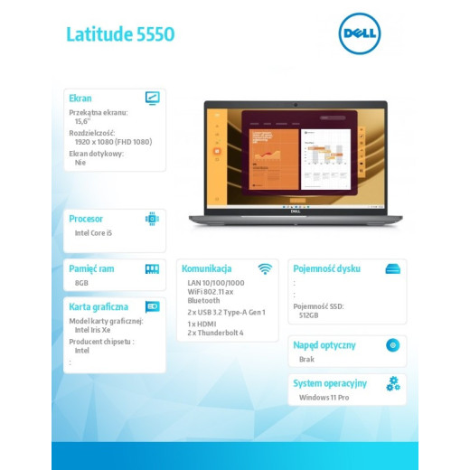 Dell Notebook Latitude 5550 Win11Pro i5-1335U/8GB/512GB SSD Gen4/15.6 FHD/Intel Iris Xe/FgrPr&SmtCd/FHD/IR