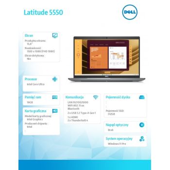 Dell Notebook Latitude 5550 Win11Pro Ultra 5 135U/16GB/512GB SSD Gen4/15.6 FHD/Integrated/FgrPr&SmtCd/FHD/IR