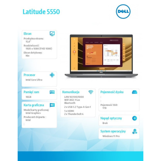 Dell Notebook Latitude 5550 Win11Pro Ultra 5 135U/16GB/1TB SSD Gen4/15.6 FHD/Integrated/FgrPr&SmtCd/FHD/IR