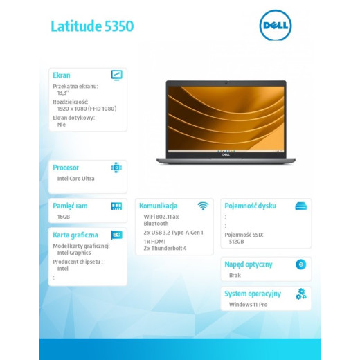 Dell Notebook Latitude 5350 Win11Pro Ultra 5 135U/16GB/512GB SSD Gen4/13.3 FHD/Integrated/FgrPr&SmtCd/FHD/IR