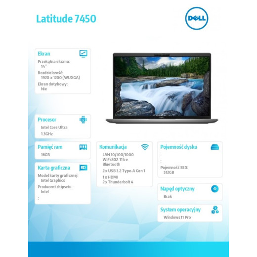 Dell Notebook Latitude 7450 Win11Pro Ultra 5 125U/16GB/512GB SSD Gen4/14.0 FHD+/Int/FgrPr&SmtCd/FHD/IR Cam/Mic/WLAN+BT/Backlit
