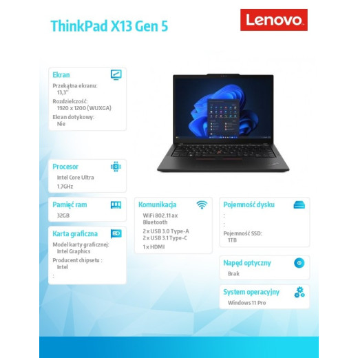 Lenovo Ultrabook ThinkPad X13 G5 21LU0014PB W11Pro Ultra7 155U/32GB/1TB/INT/13.3 WUXGA/Black/3YRS Premier Support + CO2 Offset