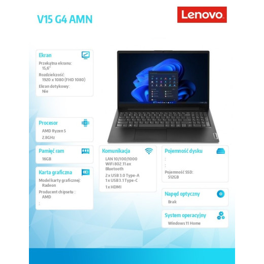 Lenovo Laptop V15 G4 82YU00UPPB W11Home 7520U/16GB/512GB/AMD Radeon/15.6/FHD/Black/3YRS OS