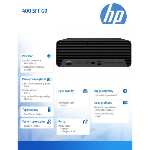 HP Inc. Komputer 400 SFF G9 i3-12100 256GB/16GB/DVD/W11P 6A828EA