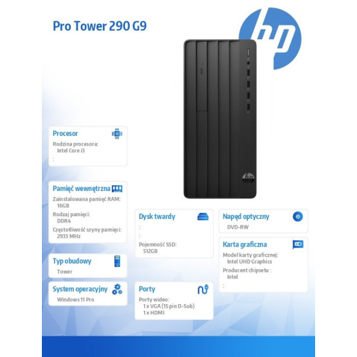 HP Inc. Komputer Pro 290 TWR G9 i3-12100 512GB/16GB/DVD/W11P 6D330EA