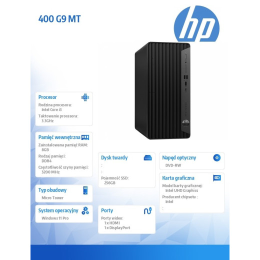 HP Inc. Komputer 400 G9 MT i3-12100 256GB/8GB/DVD/W11P 6A833EA