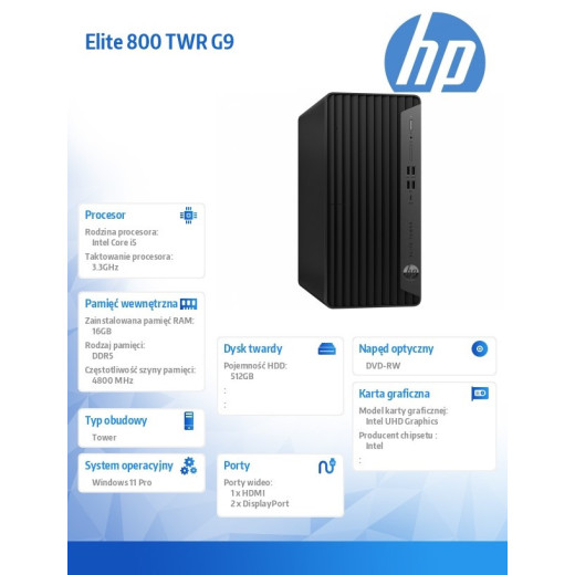 HP Inc. Komputer Elite 800 TWR G9 i5-12600 512GB/16GB/DVD/W11P 5V8U1EA
