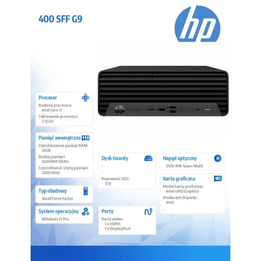 HP Inc. Komputer 400 SFF G9 i7-12700 1TB/32GB/DVD/W11P 6A832EA