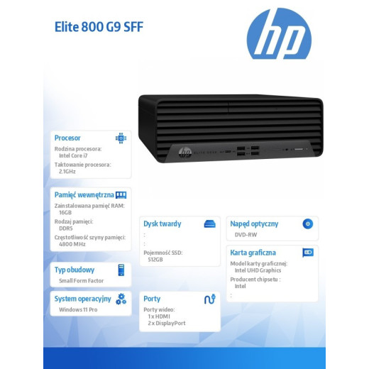 HP Inc. Komputer Elite 800 SFF G9 i7-12700 512GB/16GB/DVD/W11P 5V8T9EA