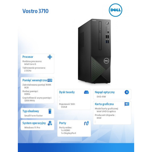 Dell Komputer Vostro 3710 SFF Win11Pro i5-12400/8GB/512GB SSD/Intel UHD 730/DVD RW/Kb/Mouse/3YPS