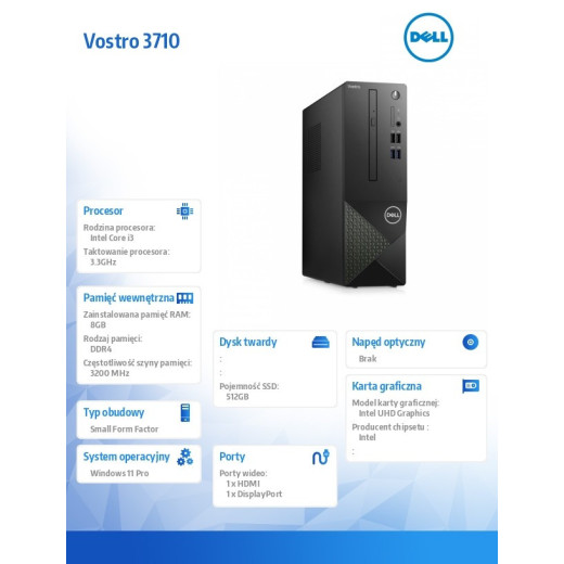 Dell Komputer Vostro 3710 SFF Win11Pro i3-12100/8GB/512GB SSD/Intel UHD 730/WLAN + BT/Kb/Mouse/3YPS
