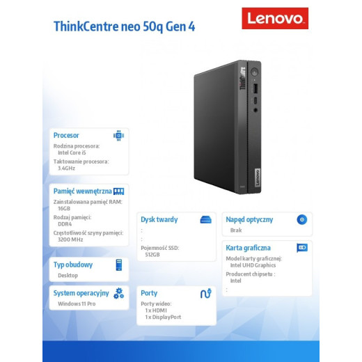 Lenovo Komputer ThinkCentre Neo 50q Tiny 12LN001YPB W11Pro i5-13420H/16GB/512GB/INT/3YRS OS