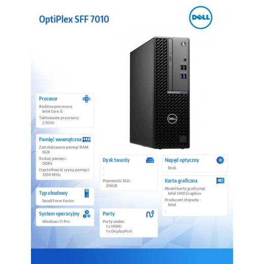 Dell Komputer Optiplex SFF Core i5-13500/8GB/256GB SSD/Integrated/No Wifi/Kb/Mouse/W11Pro